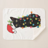 クリスマスライトSweで絡まった黒猫サンタ シェルパブランケット (正面(横))