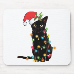クリスマスライトSweで絡まった黒猫サンタ マウスパッド