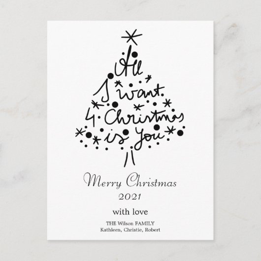 クリスマスラインアートミニマリストブラック&ホワイト引用文 シーズンポストカード (正面)