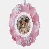 クリスマスラウンドピンクのスノーフレーク写真 オーナメントカード (左)