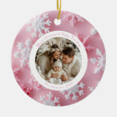 クリスマスラウンドピンクのスノーフレーク写真 セラミックオーナメント (正面)