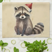 クリスマスラクーンサンタハットウォーターカラーおもしろい動物 キッチンタオル (折り畳み)