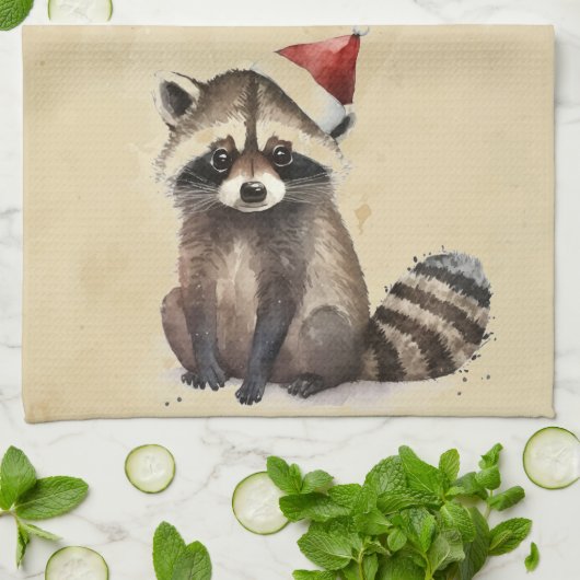 クリスマスラクーンサンタハットウォーターカラーおもしろい動物 キッチンタオル (折り畳み)