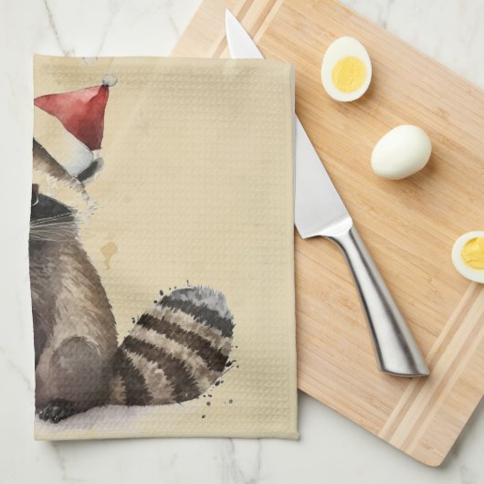 クリスマスラクーンサンタハットウォーターカラーおもしろい動物 キッチンタオル (四つ折り)