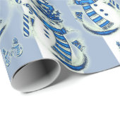 クリスマスラッピングブルー&ホワイトストライプ雪だるま ラッピングペーパー (ロールコーナー)