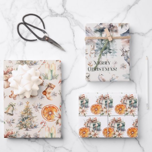クリスマスラッピング紙セット3デザイン ラッピングペーパーシート (正面)