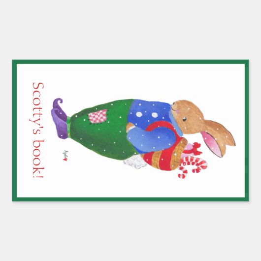 クリスマスラビット蔵書票 長方形シール (正面)