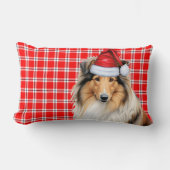 クリスマスラフCollieドッグレッドホリデープレイド ランバークッション (正面)