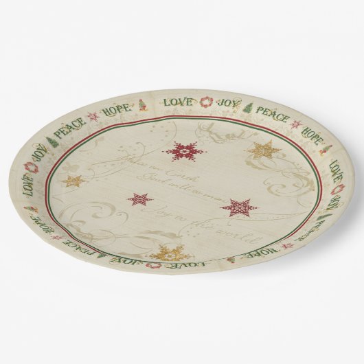 クリスマスラブジョイピースタイポグラフィ金ゴールドスノーフレーク ペーパープレート (アングル)