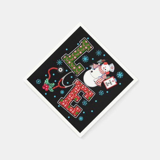 クリスマスラブナースかわいい医療雪だるまホリー スタンダードカクテルナプキン (角)