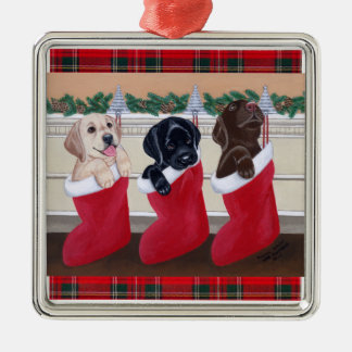 クリスマスラブラドール子犬タータンチェック メタルオーナメント