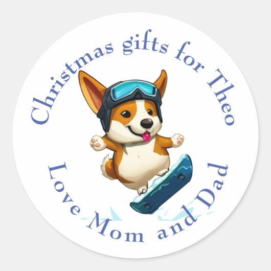 クリスマスラベルシールCorgiスノーボード ラウンドシール (正面)