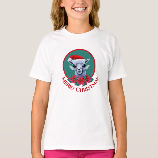 クリスマスラマとリースと文字ガールズTシャツ Tシャツ (正面)