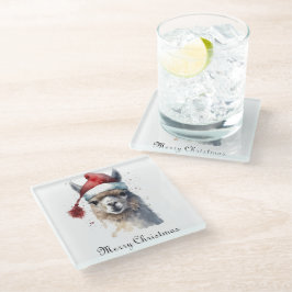 クリスマスラマの水彩サンタ帽子カスタムテキスト ガラスコースター