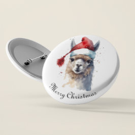 クリスマスラマの水彩サンタ帽子カスタムテキスト 缶バッジ