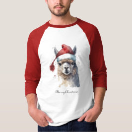 クリスマスラマの水彩サンタ帽子カスタムテキスト Tシャツ