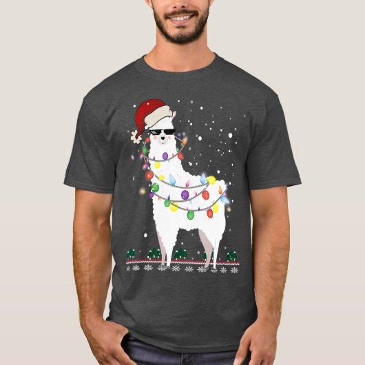 クリスマスラマサンタハット醜いクリスマスツリーアルパカ Tシャツ (正面)
