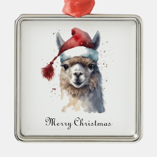 クリスマスラマ水彩サンタ帽子カスタムテキスト メタルオーナメント (正面)