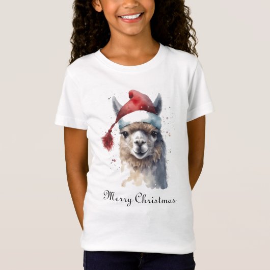 クリスマスラマ水彩サンタ帽子カスタムテキスト Tシャツ (正面)