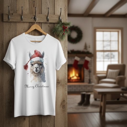 クリスマスラマ水彩サンタ帽子カスタムテキスト Tシャツ