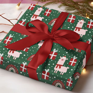 クリスマスラマ虹ギフト赤緑 ラッピングペーパー