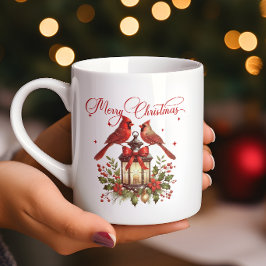 クリスマスランタンの上の水彩カーディナルバード コーヒーマグカップ