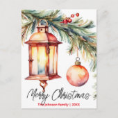 クリスマスランタンパインブランチとホリーベリー シーズンポストカード (正面)