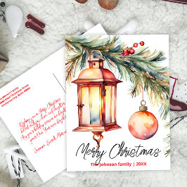 クリスマスランタンパインブランチとホリーベリー シーズンポストカード