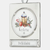 クリスマスランタンホリーパインアップルカスタムデート シルバープレートバナーオーナメント (左)