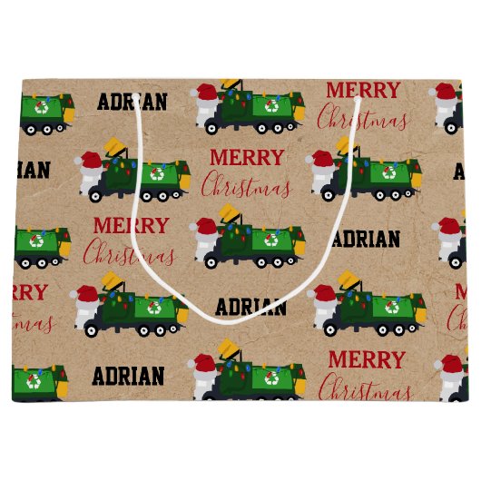 クリスマスリサイクル生ごみトラック名前をカスタムする ラージペーパーバッグ (正面)