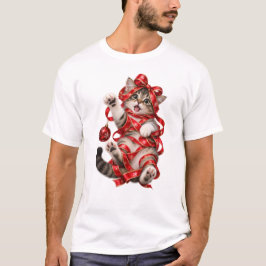 クリスマスリボンで包まれた猫 Tシャツ
