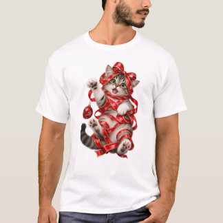 クリスマスリボンで包まれた猫 Tシャツ