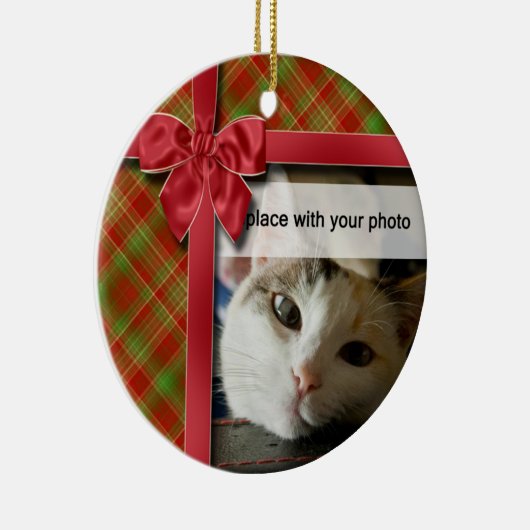 クリスマスリボンとプレイドフォトオーナメント セラミックオーナメント (右)