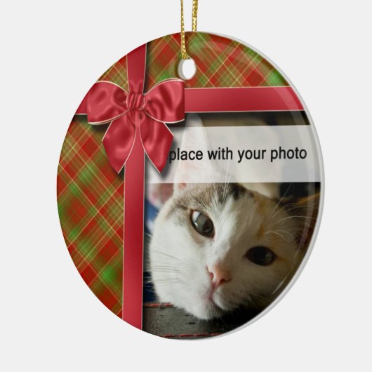 クリスマスリボンとプレイドフォトオーナメント セラミックオーナメント (左)