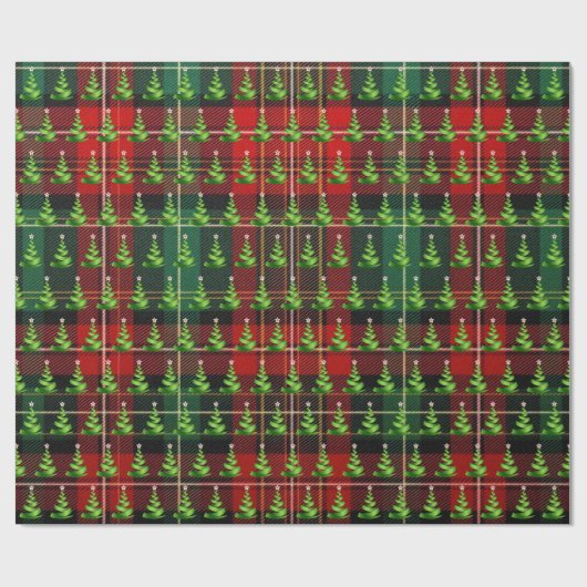 クリスマスリボンの木をタータンチェックの格子状に ラッピングペーパー (フラット)