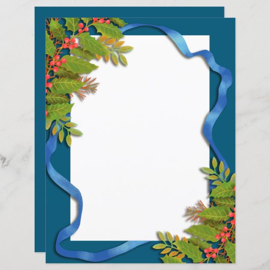 クリスマスリボンブルー文房具紙 (正面/裏面)