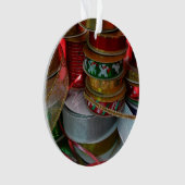 クリスマスリボンホリデーレッドと金ゴールドのスプール オーナメント (正面)