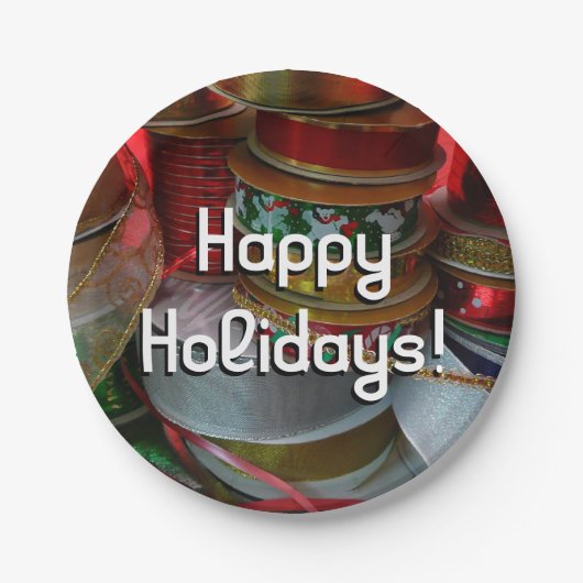 クリスマスリボンホリデーレッドと金ゴールドのスプール ペーパープレート (正面)