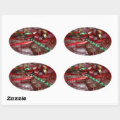 クリスマスリボンレッドグリーンと金ゴールド休日 楕円形シール (シート)