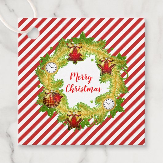 クリスマスリースとオーナメントと赤いストライプ フェイバータグ (正面)