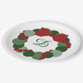 クリスマスリースとカスタムモノグラムパーティープレート ペーパープレート (アングル)