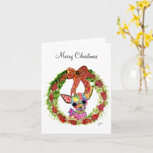 クリスマスリースとチワワのグリーティングカード カード (黄色い花)