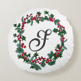 クリスマスリースとパーソナライズされたイニシャル ラウンドクッション