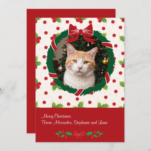 クリスマスリースとホリーポインセチア オーダーメイドペット写真 シーズンカード (正面/裏面)