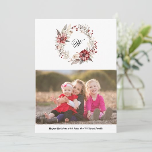 クリスマスリースとモノグラム写真レッド シーズンカード (スタンド正面)