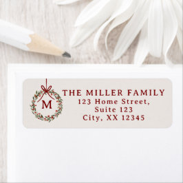 クリスマスリースとレッドボウ差出人住所ラベル ラベル