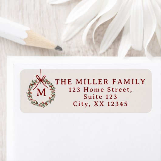 クリスマスリースとレッドボウ差出人住所ラベル ラベル (インサイチュ)