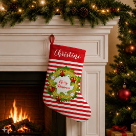 クリスマスリースと赤いストライプの模様のオーダーメイドクリスマスリース スモールクリスマスストッキング
