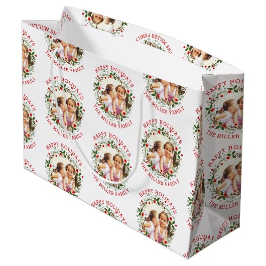 クリスマスリースと赤いハッピーホリデーの写真 ラージペーパーバッグ (裏面アングル)
