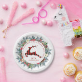 クリスマスリースと赤い格子模様のクリスマスシカ ペーパープレート (パーティー)
